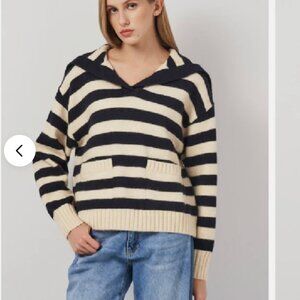 ZARA OVERSIZED JOHNNY COLLAR BLUE STRIPE KNIT PULLOVER SWEATER